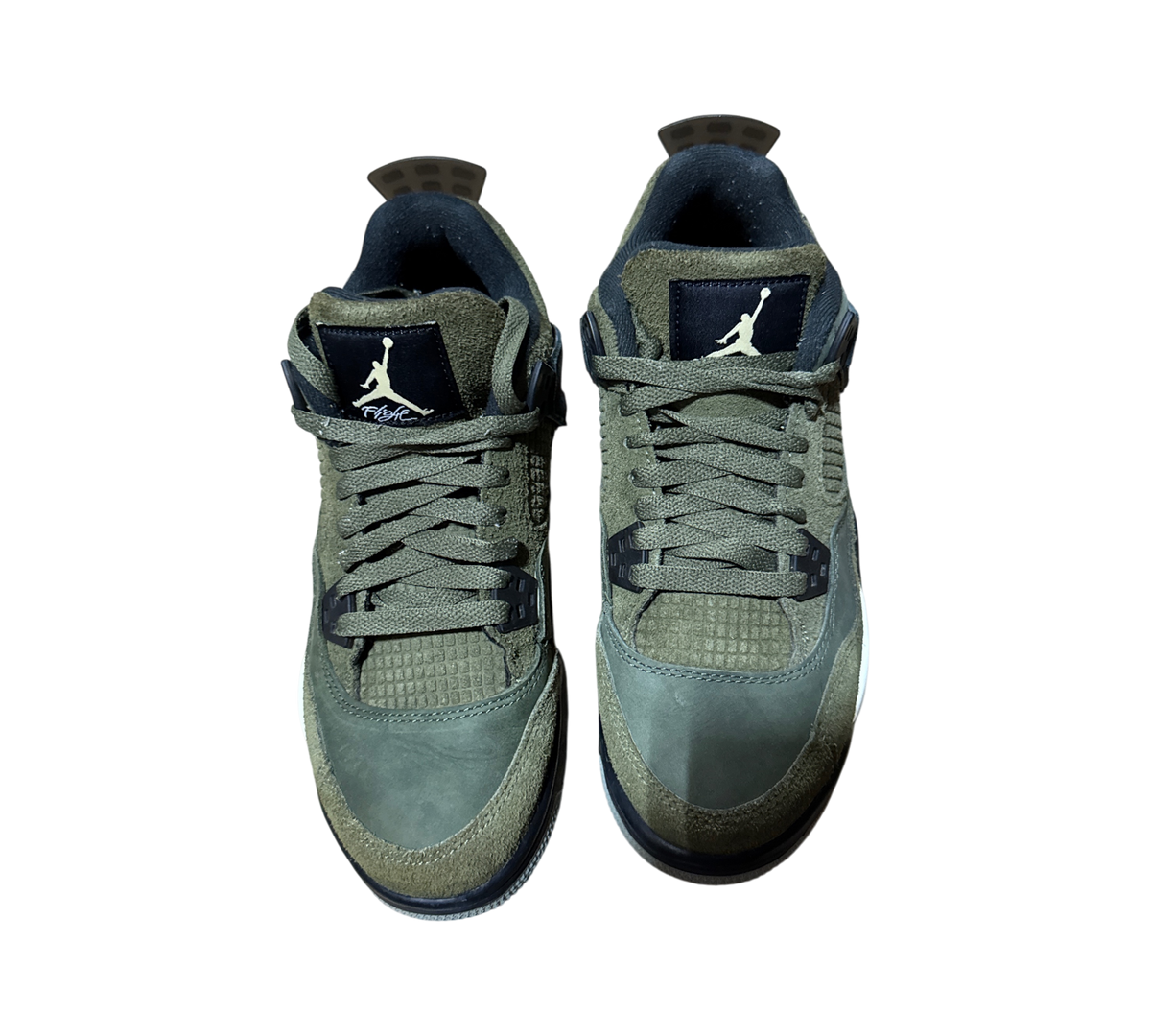 Genesis Boutique Jordan 4 GS Craft Olive sneakers in olive green suede with black accents and Jumpman logo