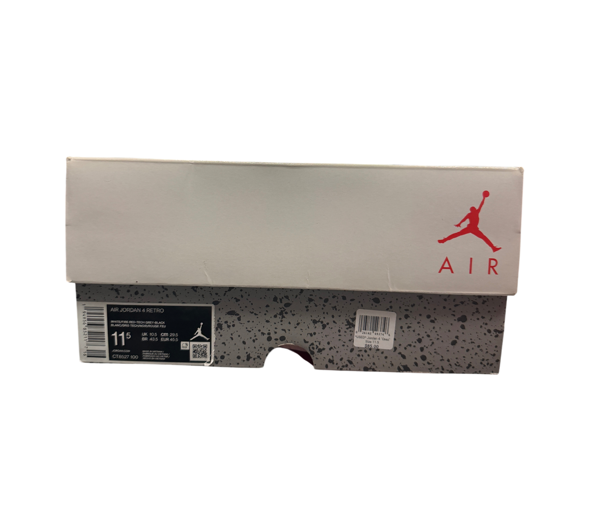 Genesis Boutique Jordan 4 Oreo sneaker box with white lid and grey speckled base featuring red Jumpman logo