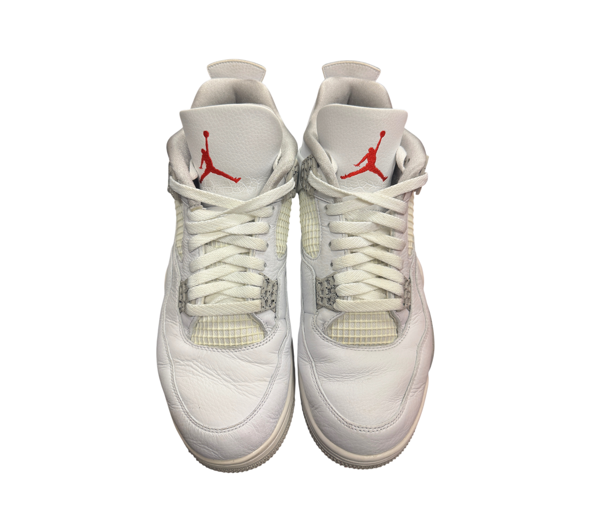 Genesis Boutique pre-owned Jordan 4 Oreo sneakers in white leather with grey speckled accents and red Jumpman logo.