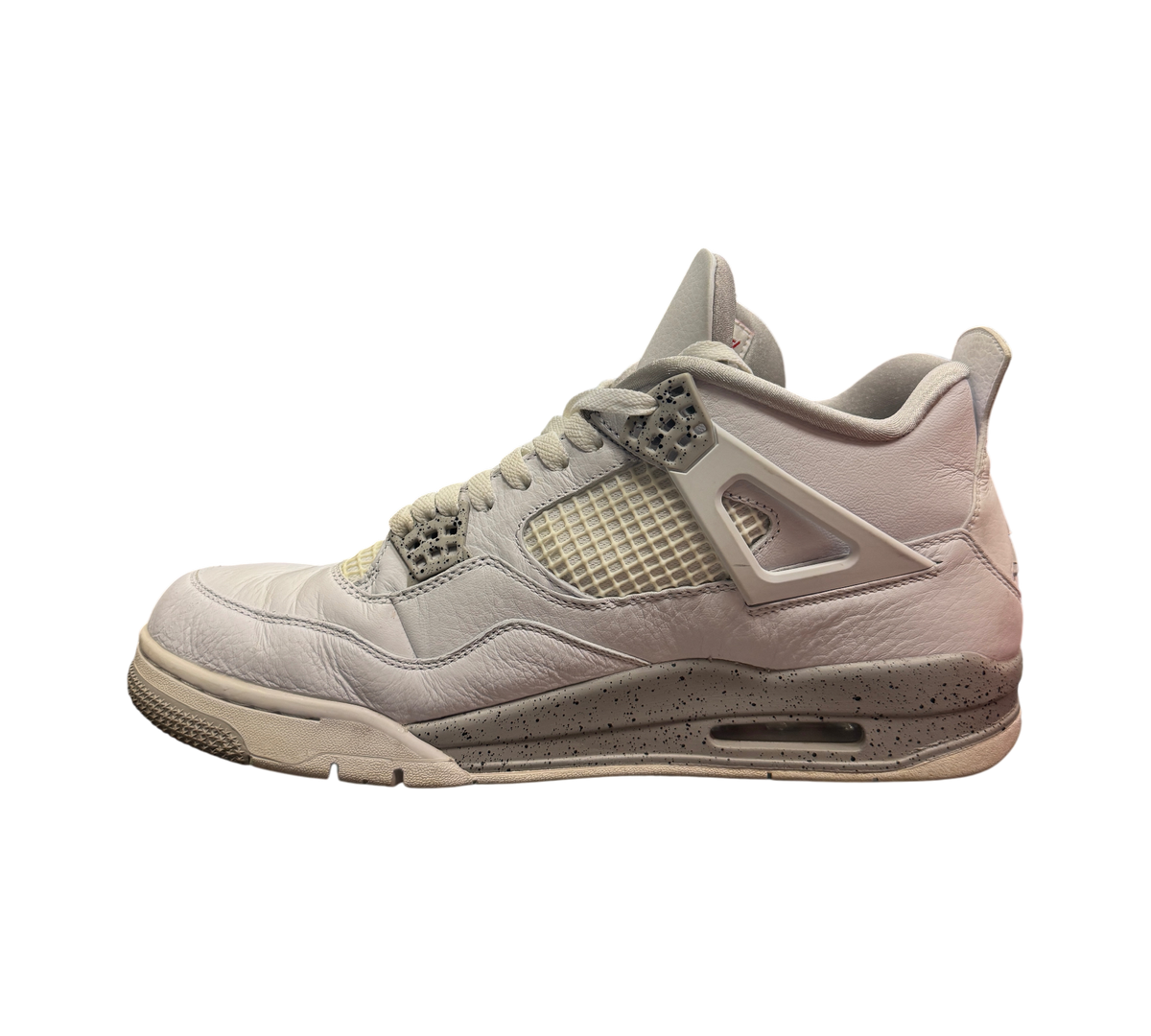 Genesis Boutique pre-owned Jordan 4 Oreo sneakers in white leather with grey speckled midsole and side profile view.