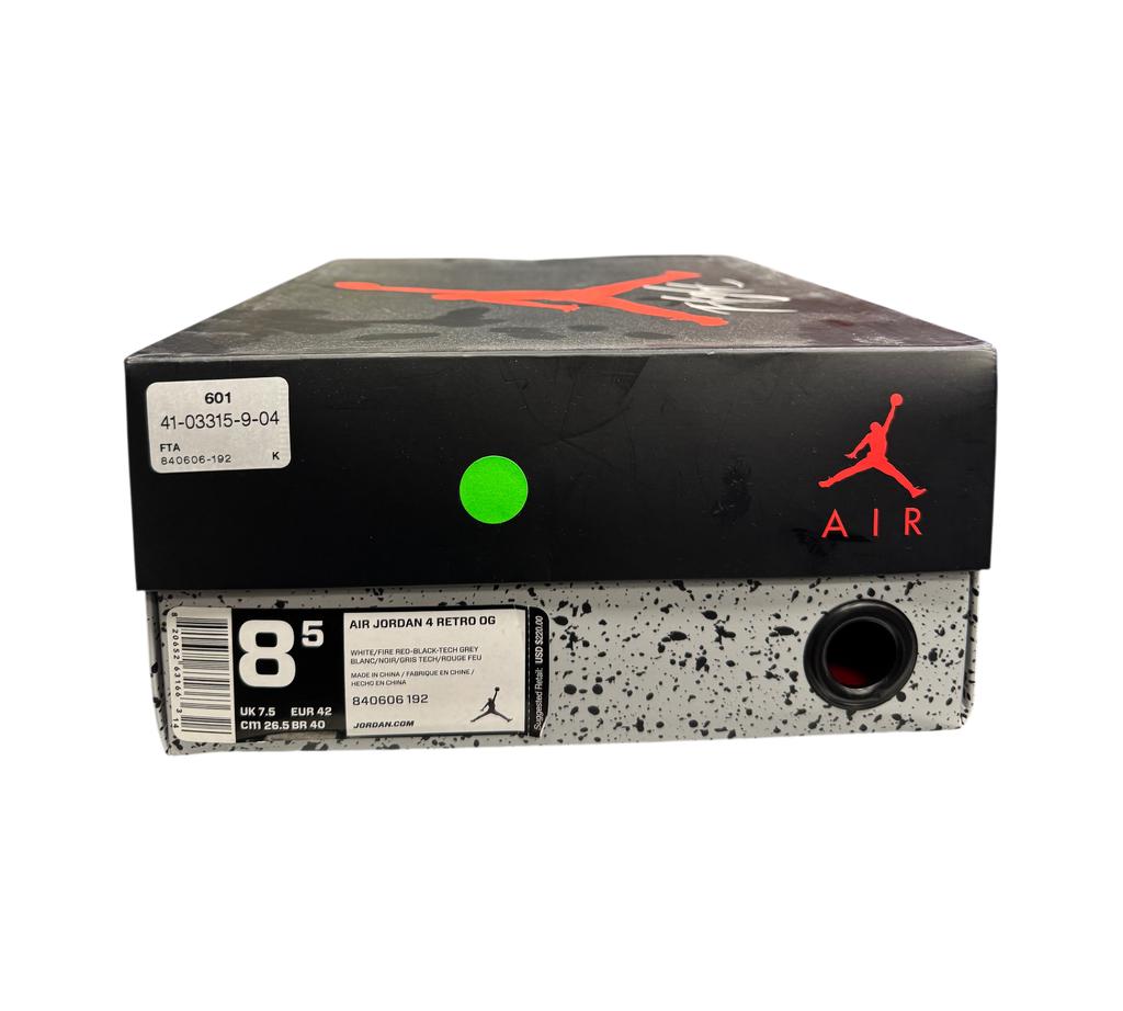 Genesis Boutique Jordan 4 2016 White Cement sneaker box with size 8.5 label and iconic speckled grey design
