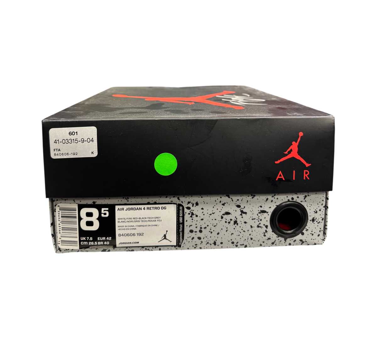 Genesis Boutique Jordan 4 2016 White Cement sneaker box with size 8.5 label and iconic speckled grey design