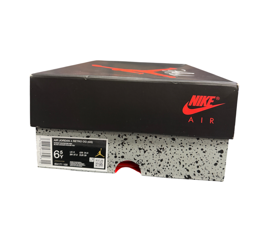 Genesis Boutique Jordan 4 GS White Cement 2025 sneaker box with Nike Air branding and grey speckled pattern