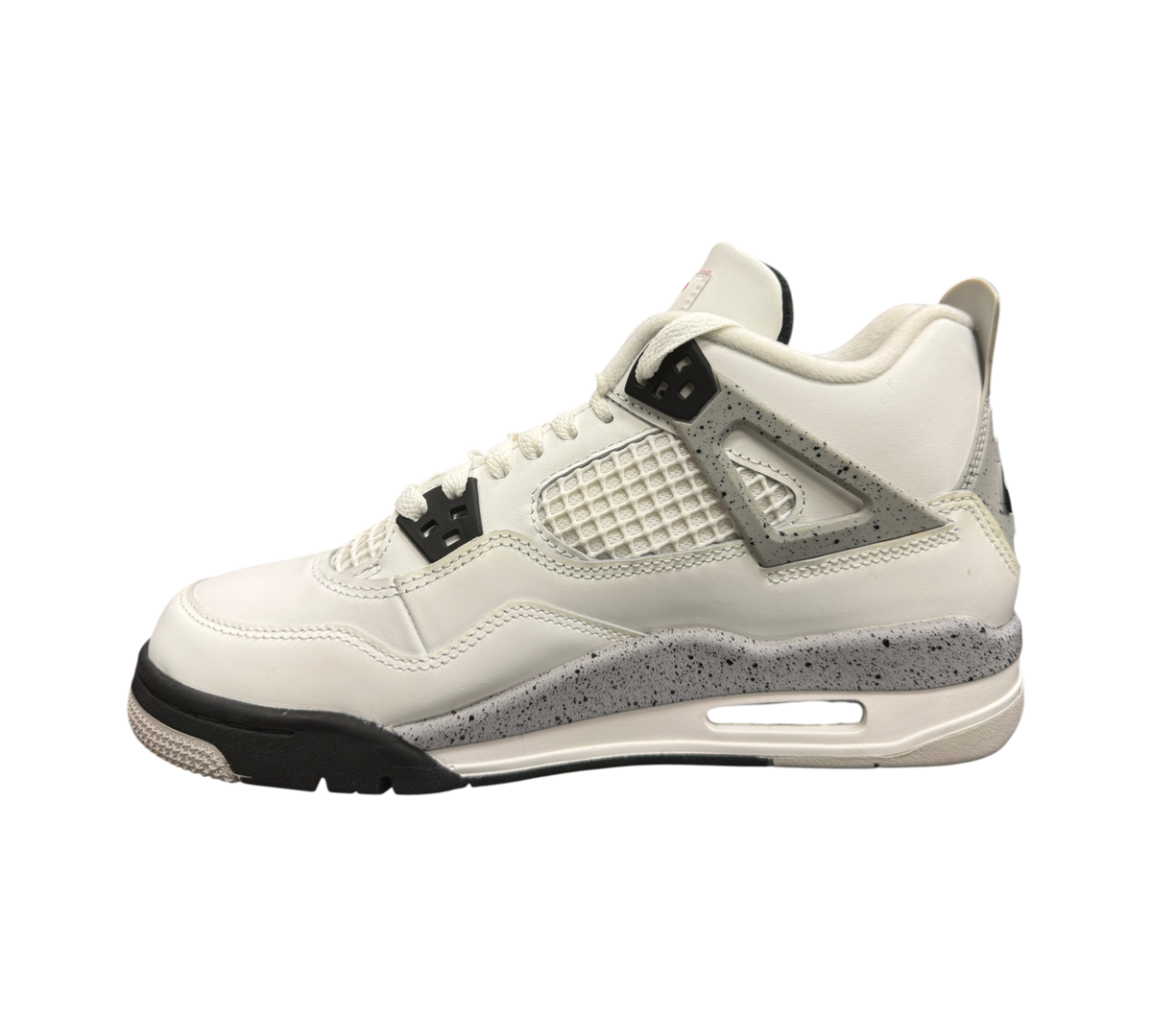 Genesis Boutique Jordan 4 GS White Cement 2025 sneakers featuring white leather and iconic grey speckled details.