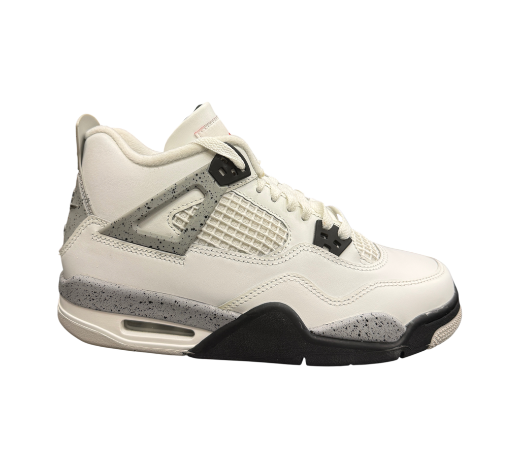 Genesis Boutique Jordan 4 GS White Cement sneakers featuring white leather upper and iconic grey speckled detailing.