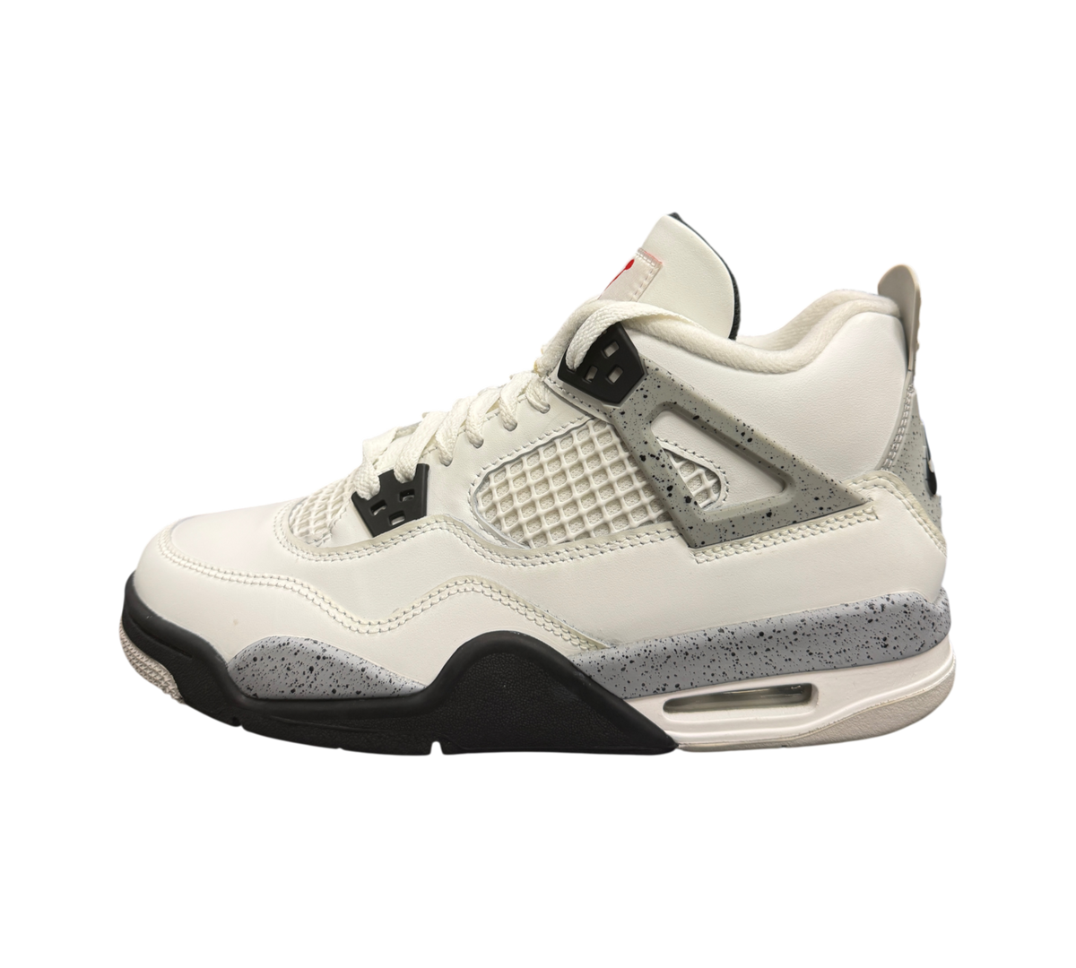 Genesis Boutique Jordan 4 GS White Cement sneakers in white leather with iconic grey speckled midsole and black accents