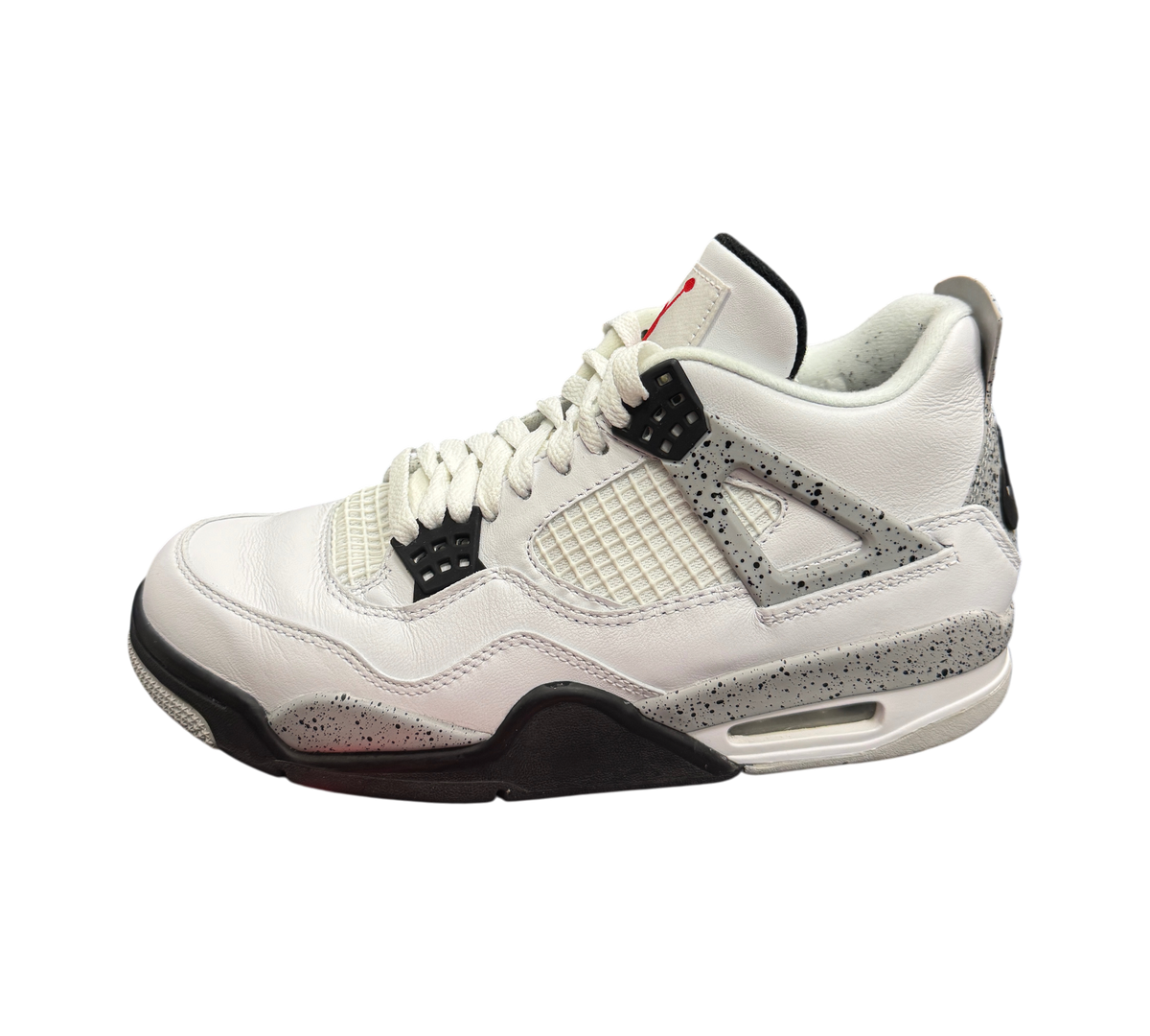 Genesis Boutique Jordan 4 2016 White Cement sneakers featuring white leather and iconic grey speckled midsole details.