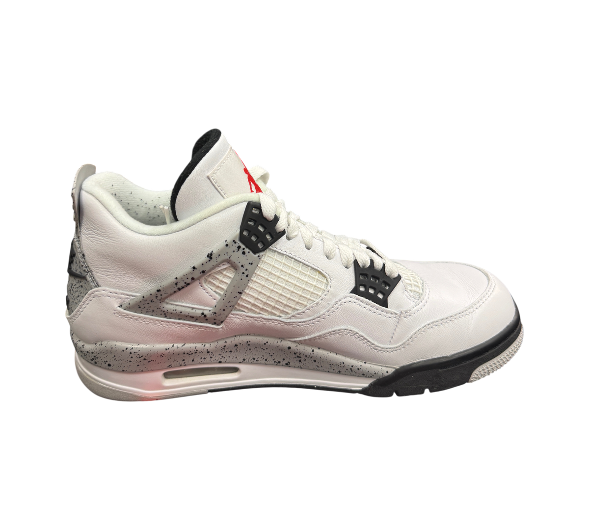 Genesis Boutique Jordan 4 2016 White Cement sneakers featuring white leather and iconic grey speckled midsole