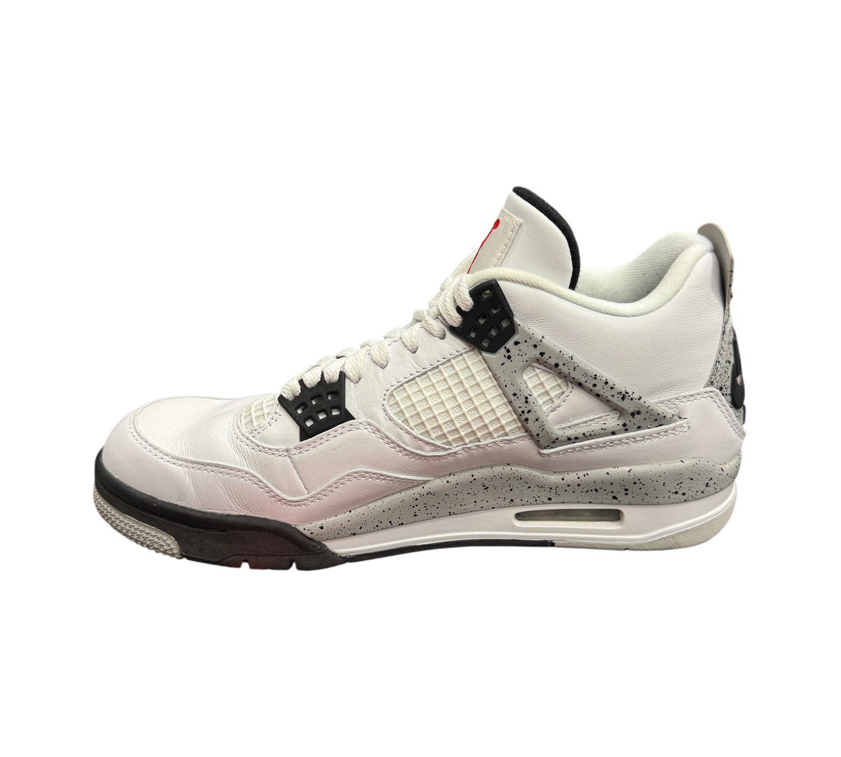 Genesis Boutique Jordan 4 2016 White Cement sneakers featuring white leather and iconic grey speckled midsole details.