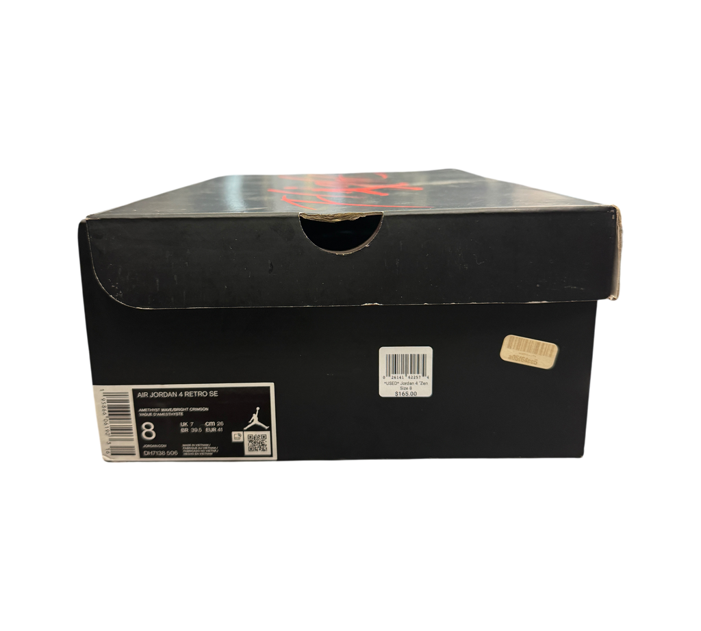 Genesis Boutique Jordan 4 Zen Master sneaker box with size label and retail sticker on black background