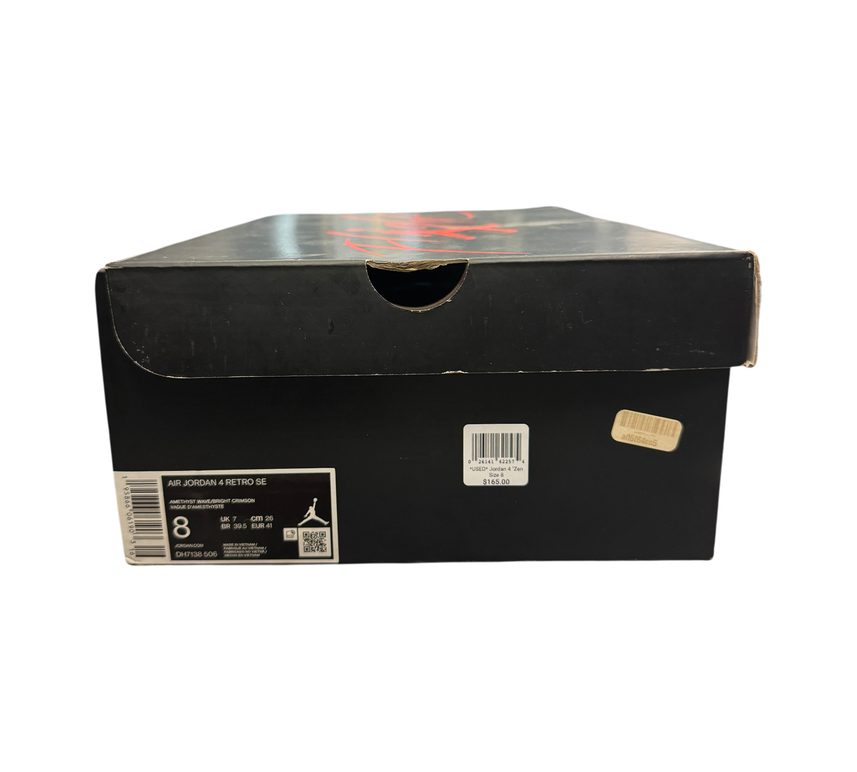 Genesis Boutique Jordan 4 Zen Master sneaker box with size label and retail sticker on black background