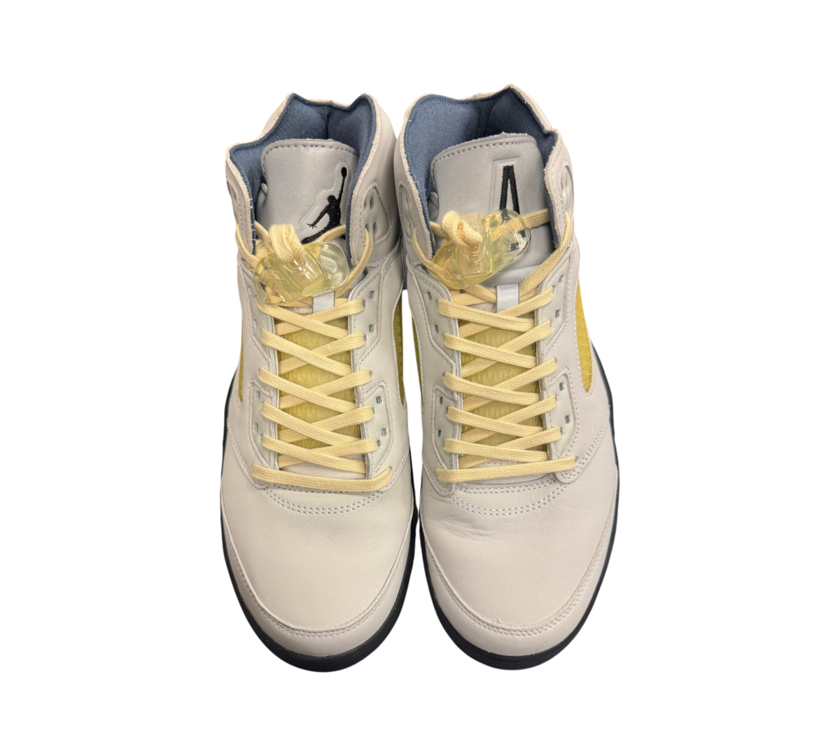 Genesis Boutique Jordan 5 A Ma Maniere Dawn sneakers in light grey leather with yellow laces and translucent toggles