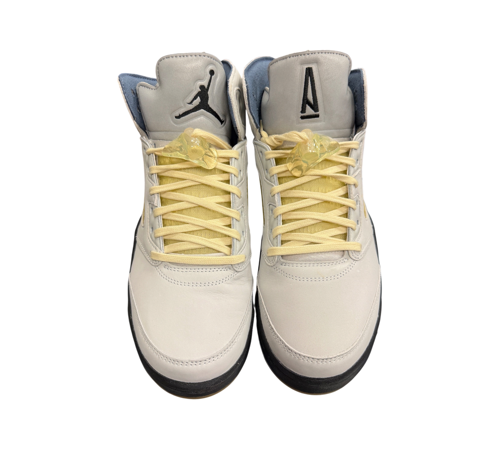 Genesis Boutique Jordan 5 A Ma Maniere Dawn sneakers in light grey leather with yellow laces and Jumpman branding