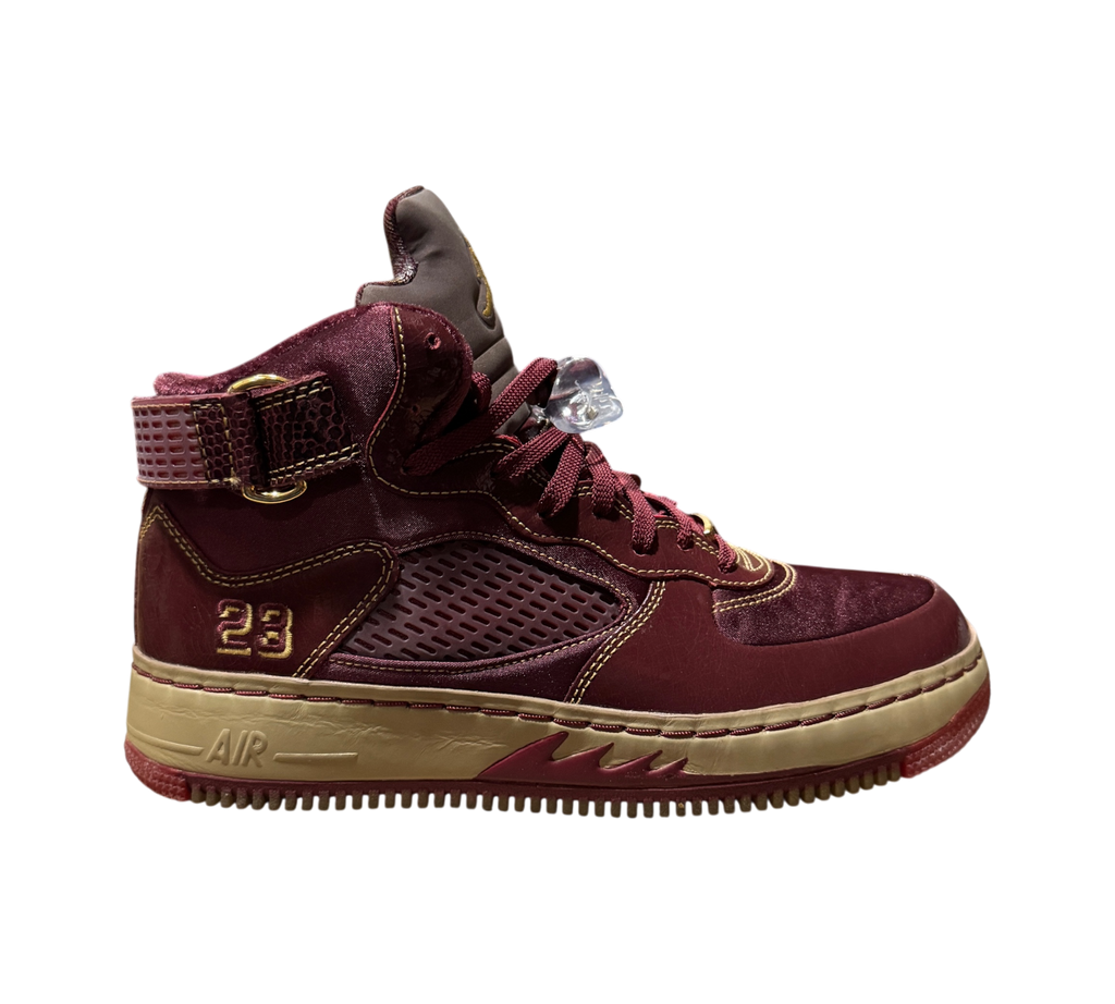 Genesis Boutique Jordan 5 Fusion Wine & Grind sneakers in burgundy with gold 23 embroidery and tan midsole