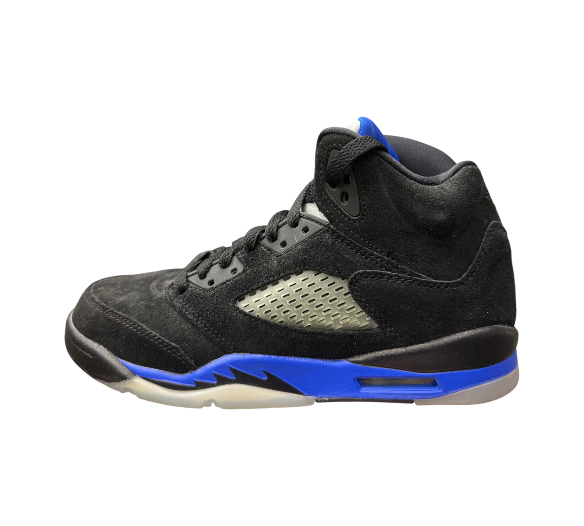 Genesis Boutique Jordan 5 GS Racer Blue sneakers in black suede with blue midsole accents and translucent mesh panels