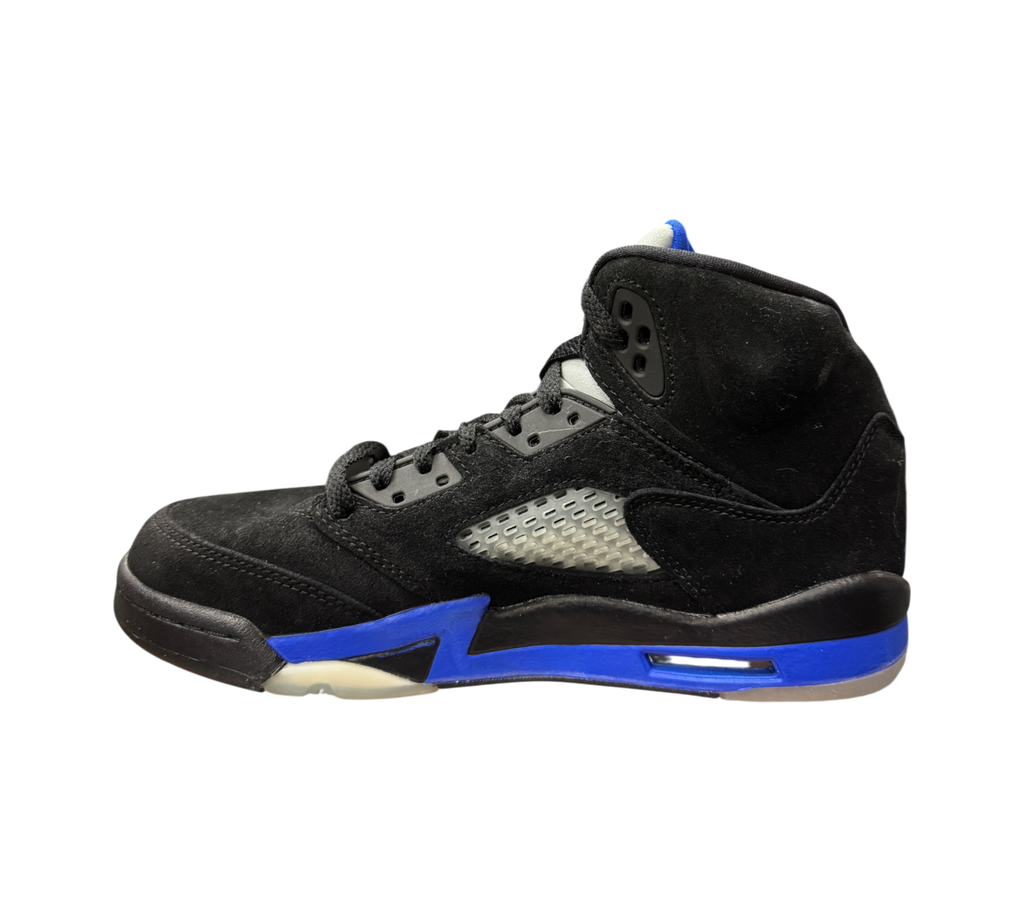 Genesis Boutique Jordan 5 GS Racer Blue sneakers in black suede with vibrant blue midsole accents and mesh side panel