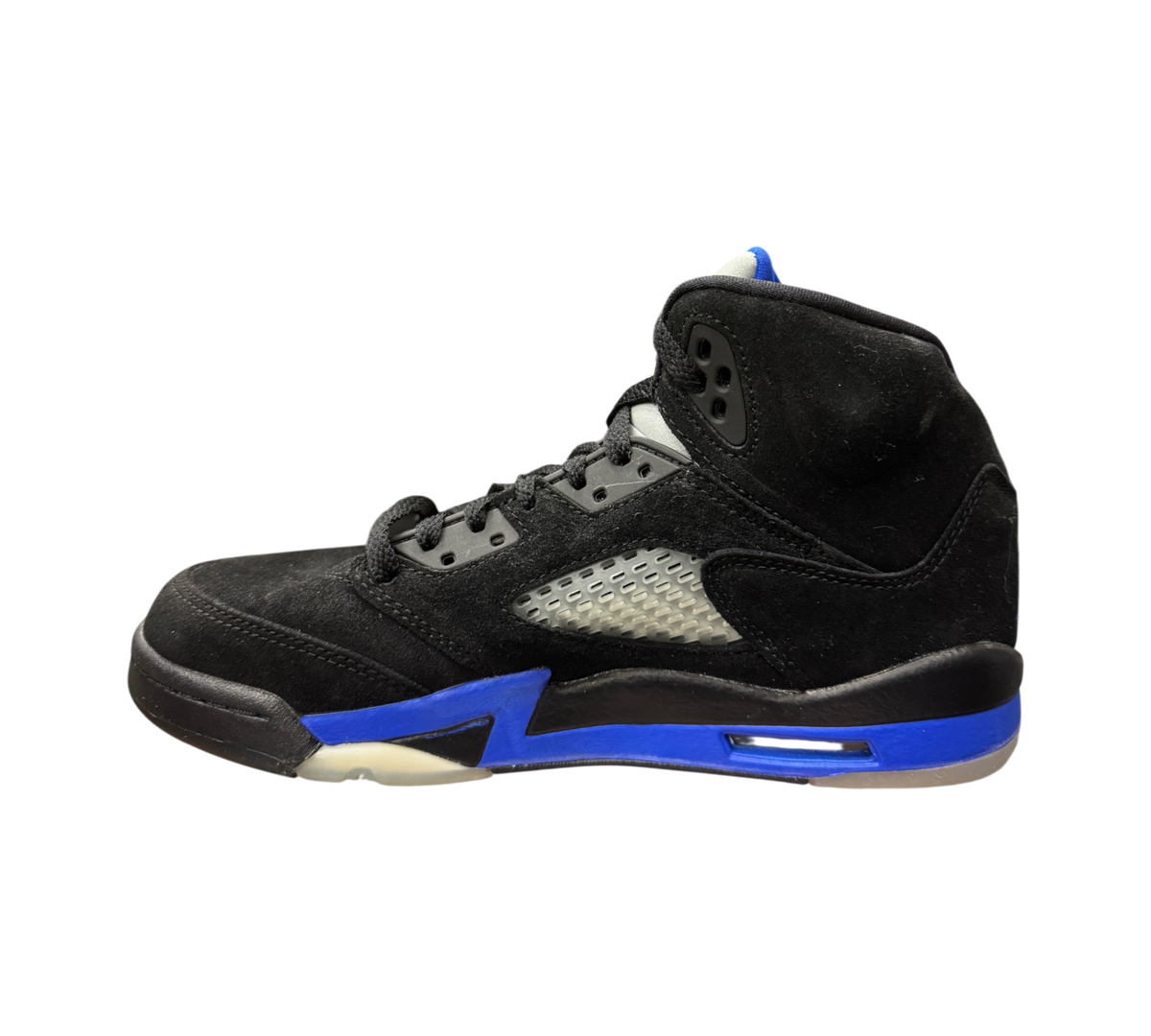 Genesis Boutique Jordan 5 GS Racer Blue sneakers in black suede with vibrant blue midsole accents and mesh side panel