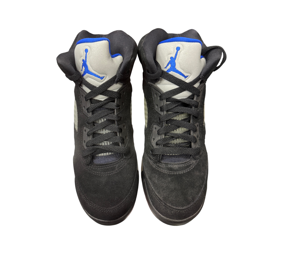 Genesis Boutique Jordan 5 GS Racer Blue sneakers in black suede with blue Jumpman logo on grey tongue