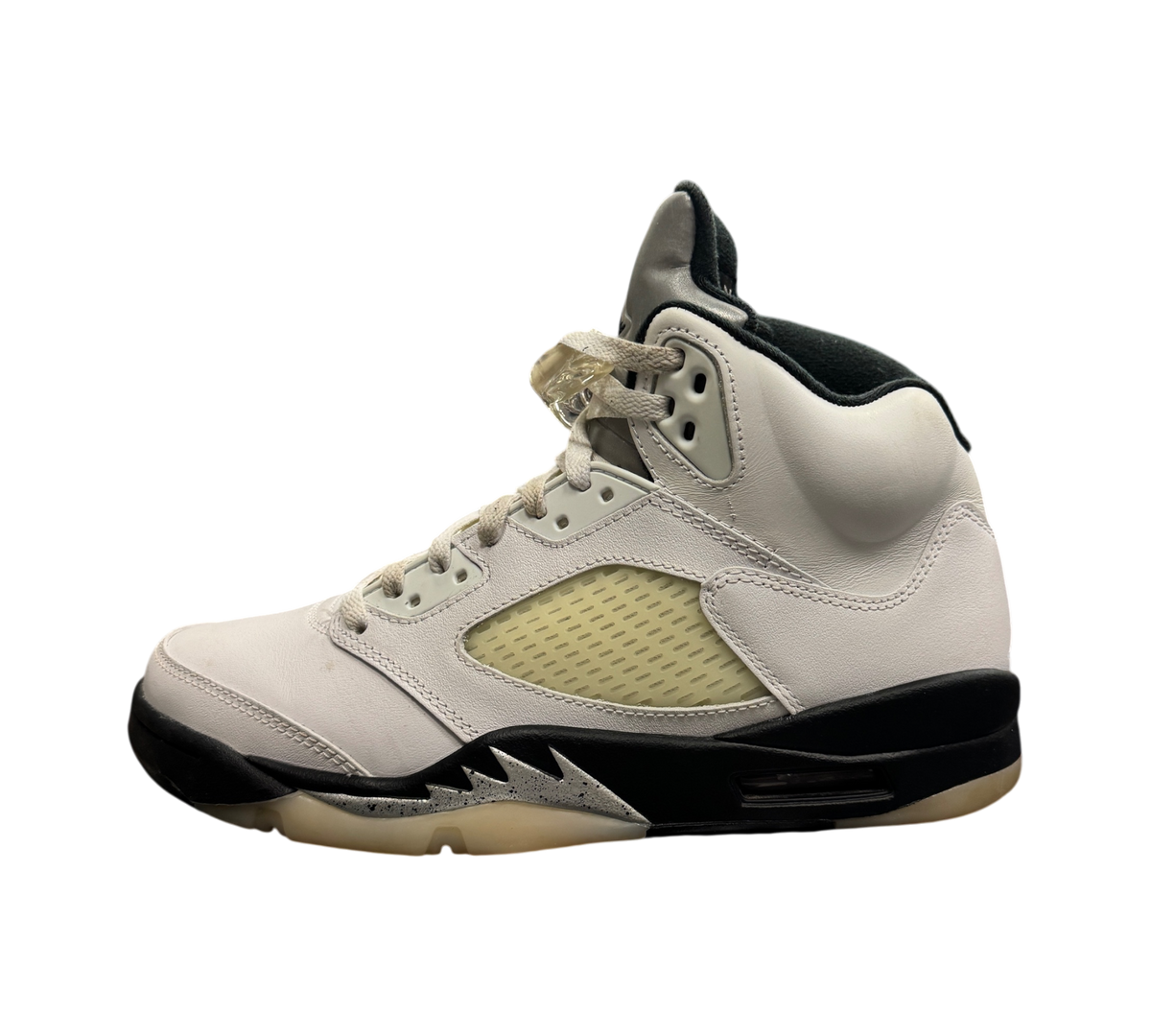 Genesis Boutique Jordan 5 Reverse Metallic sneakers in white leather with black midsole details and translucent soles