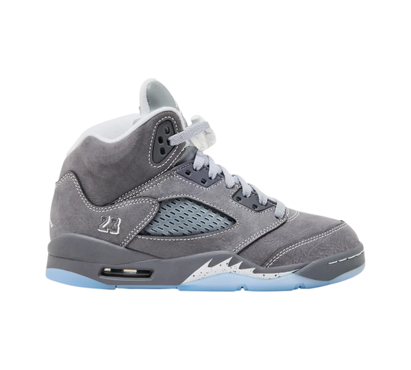 Genesis Boutique Jordan 5 GS Wolf Grey sneakers featuring a grey suede upper, 23 embroidery, and icy blue outsole.
