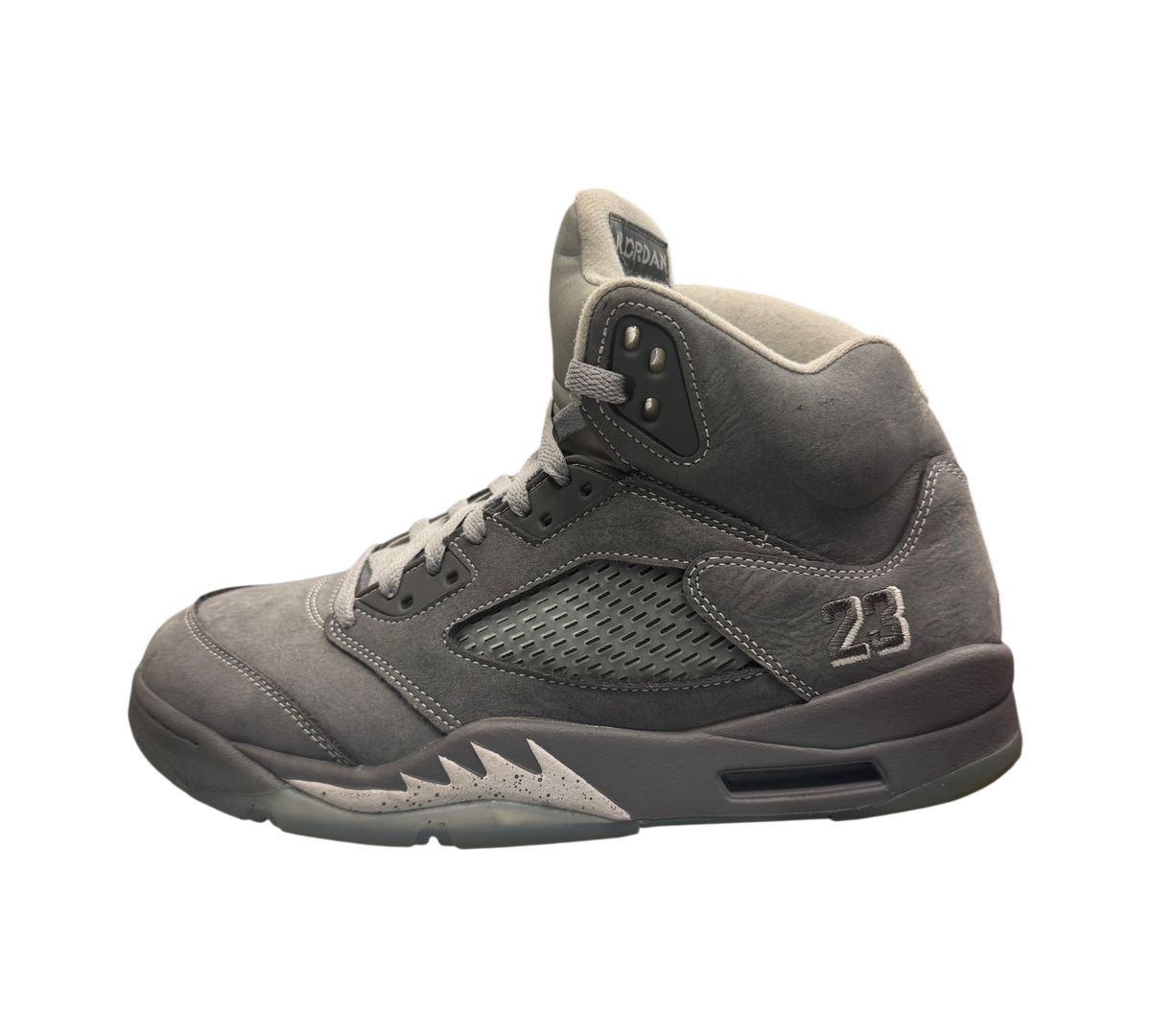 Genesis Boutique Jordan 5 Wolf Grey sneakers in suede with 23 embroidery and speckled midsole detail