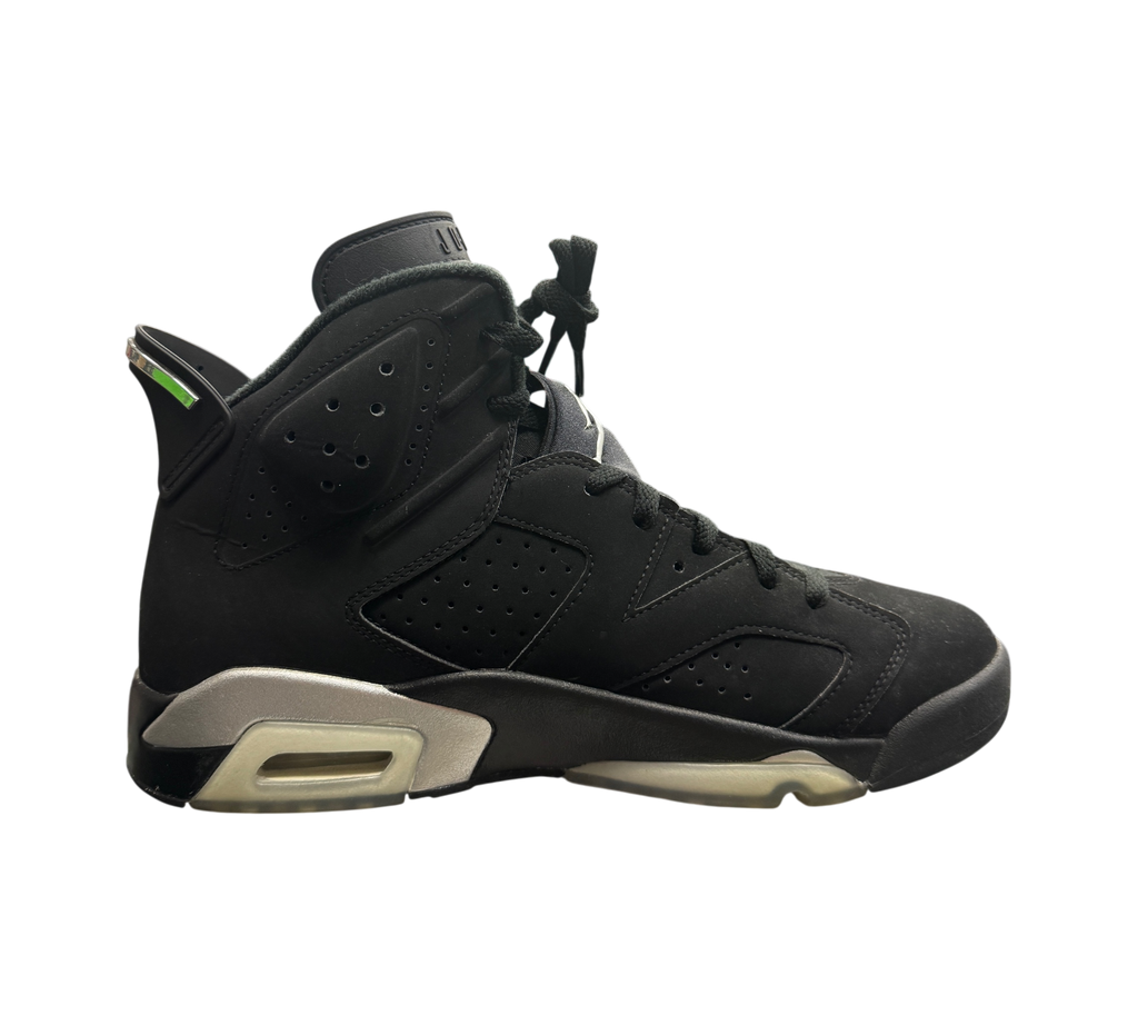 Genesis Boutique Jordan 6 Chrome sneakers in black suede with metallic silver accents on the midsole and heel tab