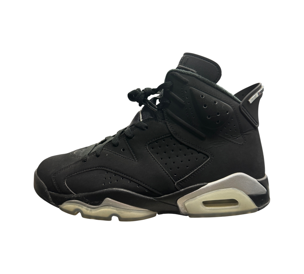 Genesis Boutique Jordan 6 Chrome sneakers in black nubuck with metallic silver accents and a translucent sole
