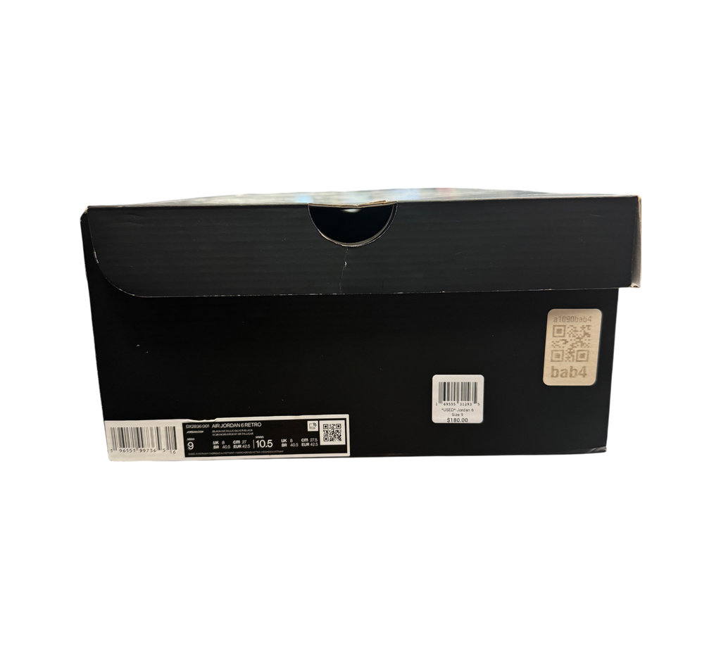 Genesis Boutique black Jordan 6 Chrome sneaker box with size label and retail price tag on a glass display counter