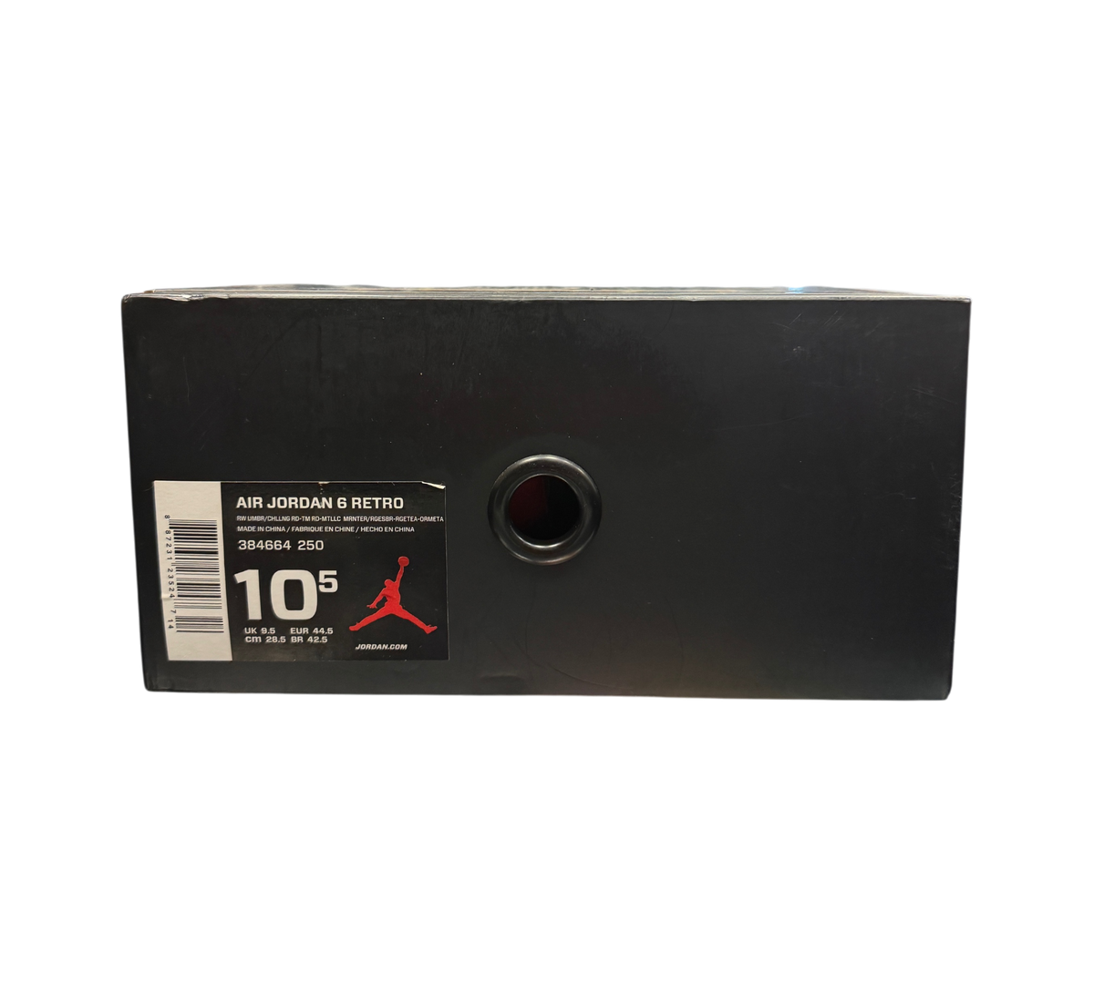 Genesis Boutique Jordan 6 Cigar sneaker box label showing size 10.5 and SKU 384664-250
