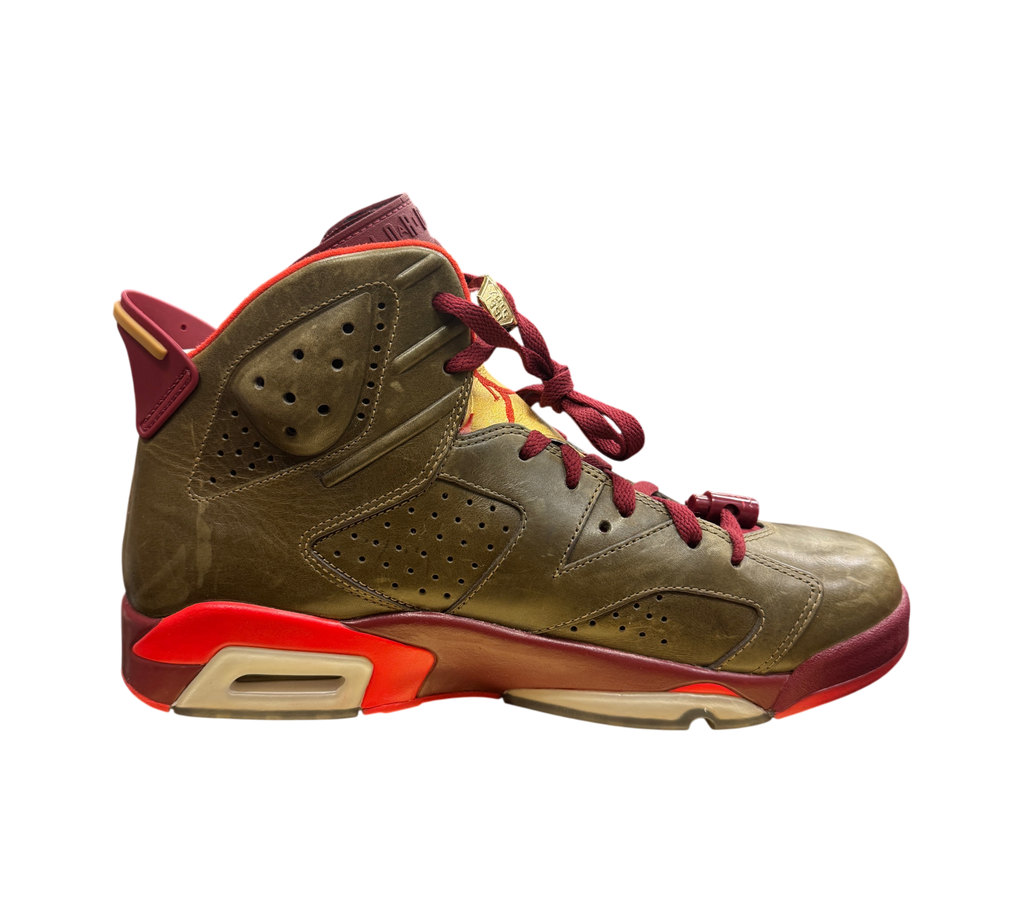 Genesis Boutique Jordan 6 Cigar sneakers in raw umber and maroon with red accents and gold lace locks
