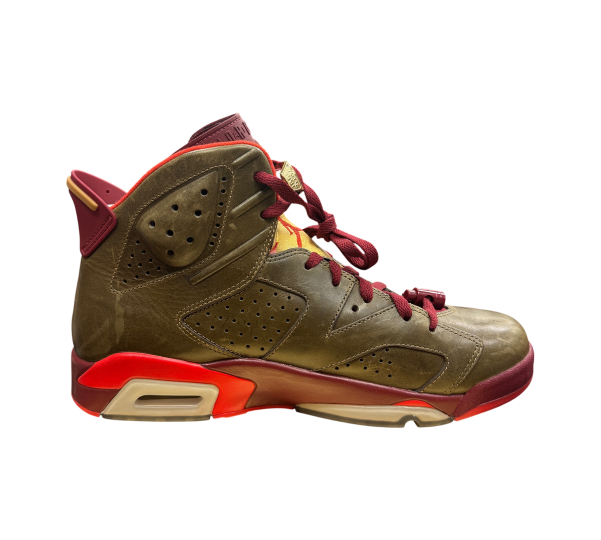 Genesis Boutique Jordan 6 Cigar sneakers in raw umber and maroon with red accents and gold lace locks