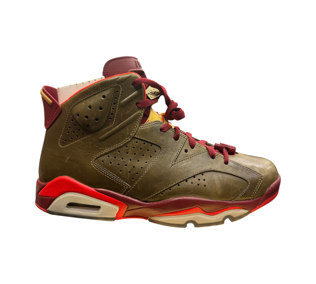 Genesis Boutique Jordan 6 Cigar sneakers in raw umber leather with maroon and bright red accents