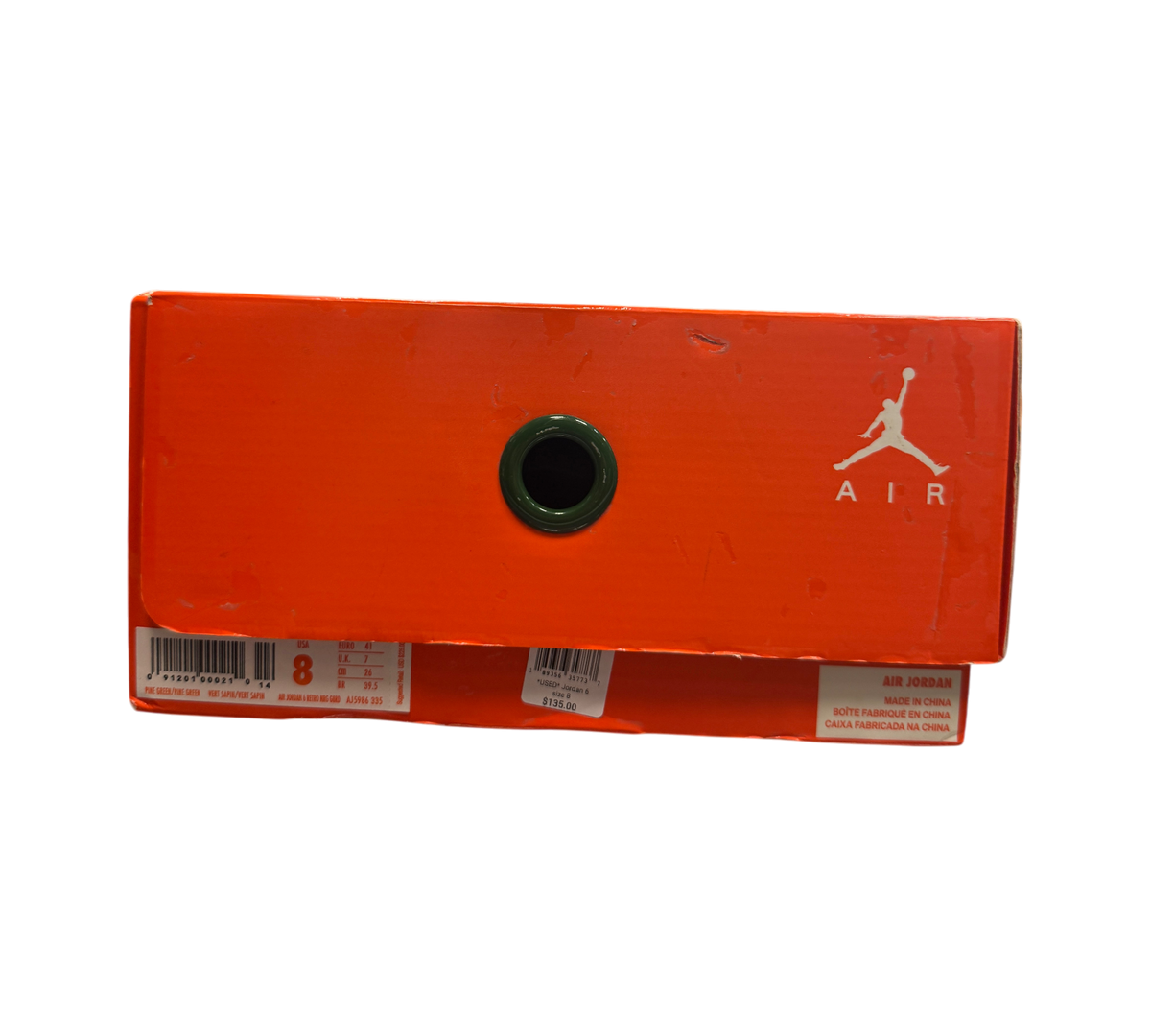 Genesis Boutique orange Jordan 6 Gatorade Green sneaker box with Jumpman logo and size label