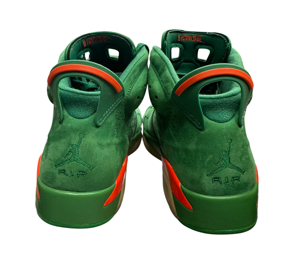 Genesis Boutique used Jordan 6 Gatorade Green sneakers showing the suede heel, orange accents, and Jumpman logo.