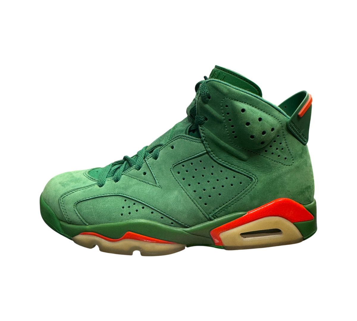 Genesis Boutique Jordan 6 Gatorade Green sneakers in suede with orange accents and yellowed soles