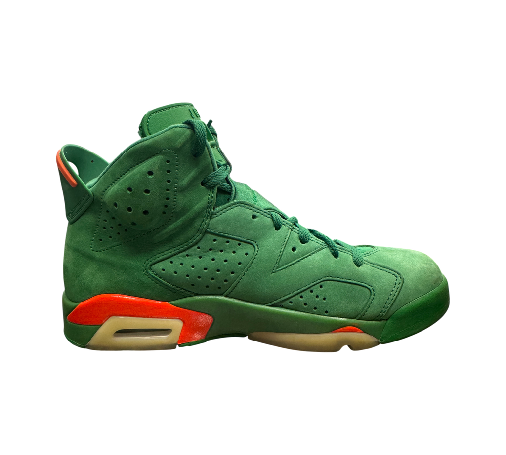 Genesis Boutique Jordan 6 Gatorade Green sneakers in suede with orange accents and yellowed soles