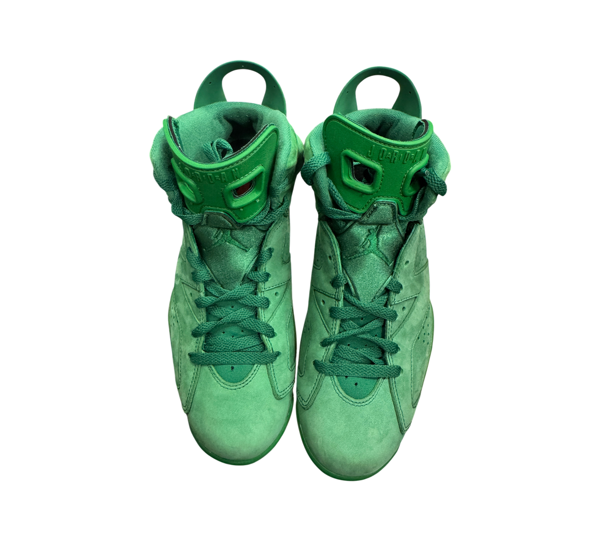 Genesis Boutique used Jordan 6 Gatorade Green sneakers in vibrant suede with matching laces and iconic heel pull tab