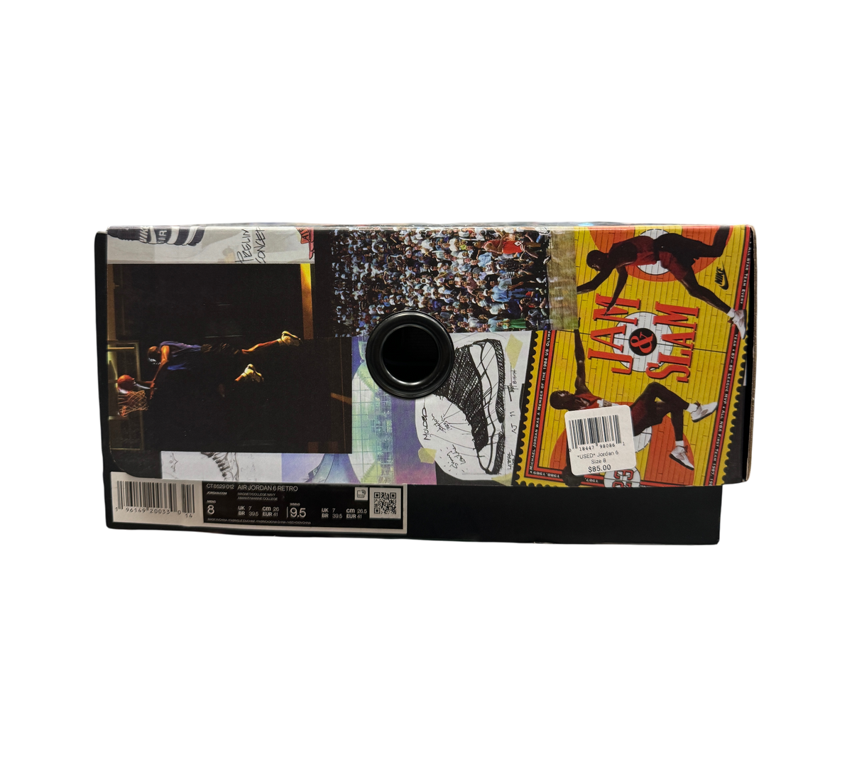Genesis Boutique Jordan 6 Georgetown sneaker box with collage graphic design and product label
