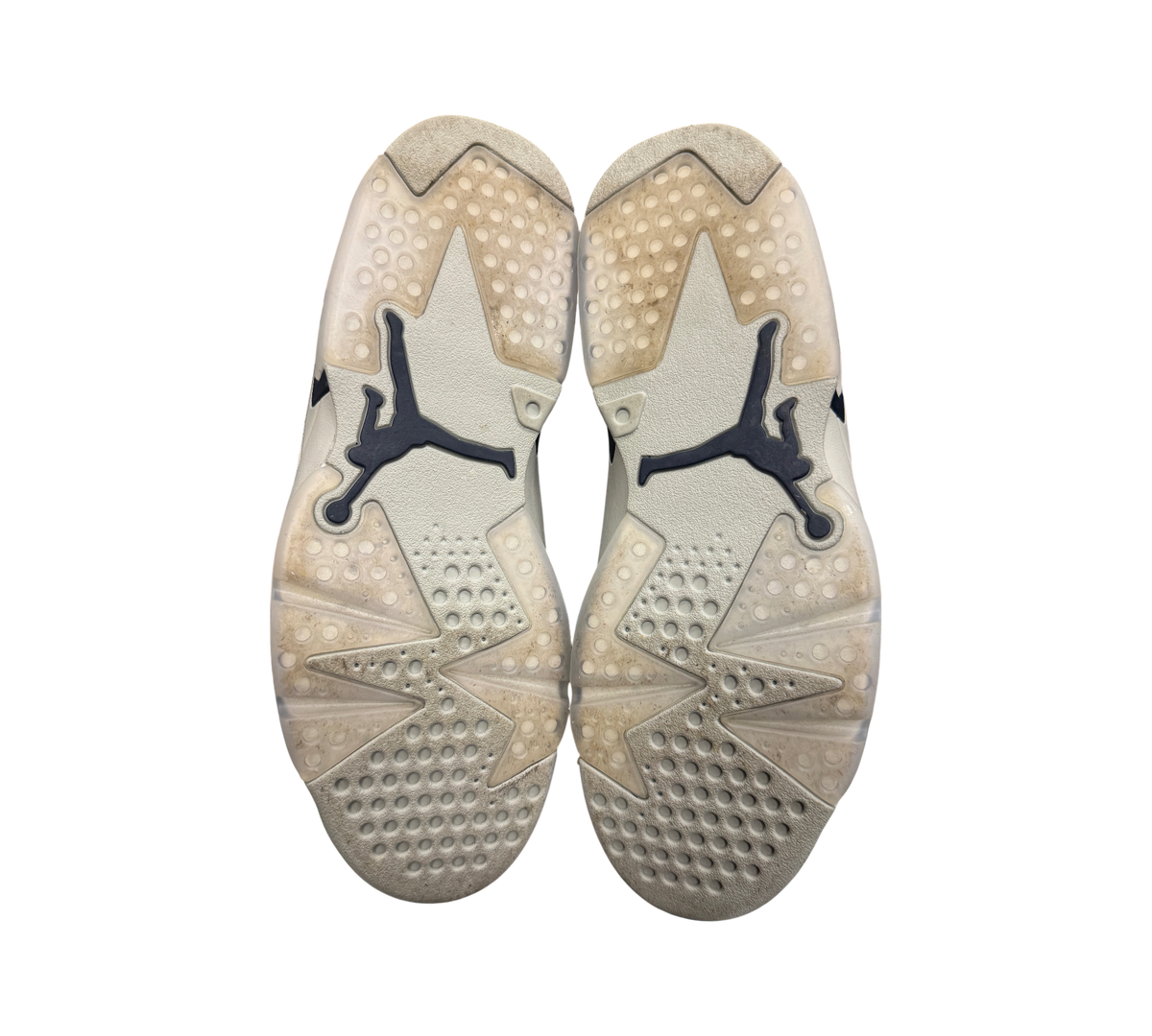 Genesis Boutique used Jordan 6 Georgetown sneakers showing the translucent rubber outsoles with Jumpman branding