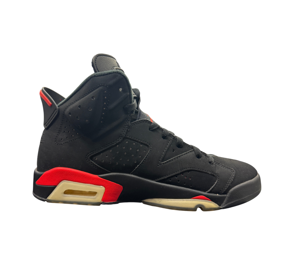 Genesis Boutique Jordan 6 Infrared 2018 sneakers in black nubuck with red accents and yellowed translucent soles