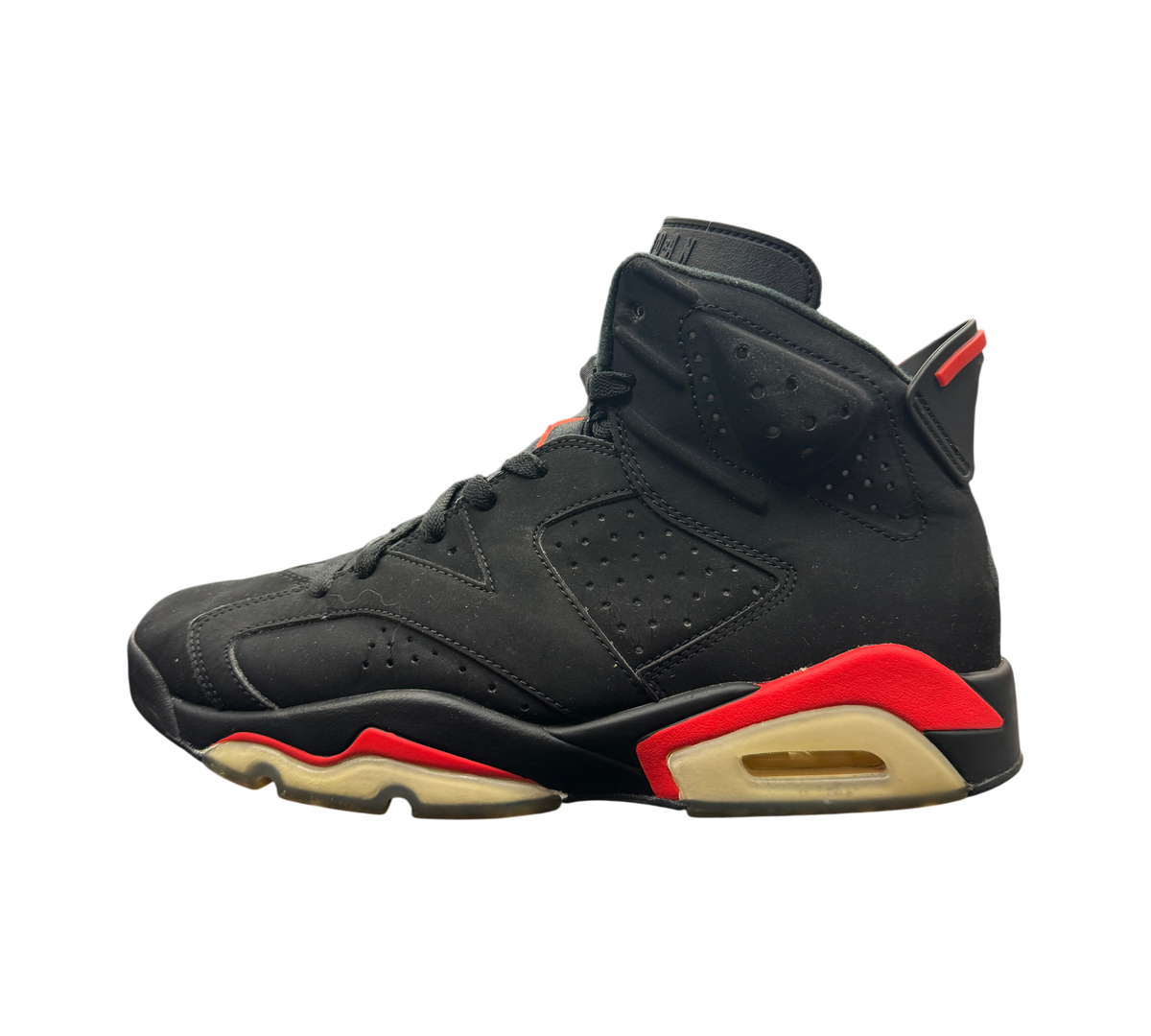 Genesis Boutique Jordan 6 Infrared 2018 sneakers in black nubuck with red accents and yellowed translucent soles