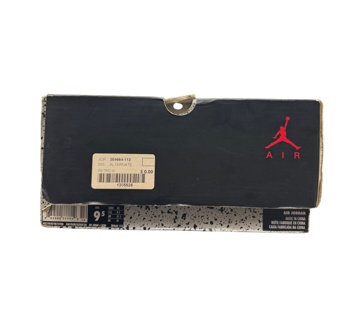 Genesis Boutique Jordan 6 Infrared 2018 sneaker box with black lid and speckled base on a retail display shelf