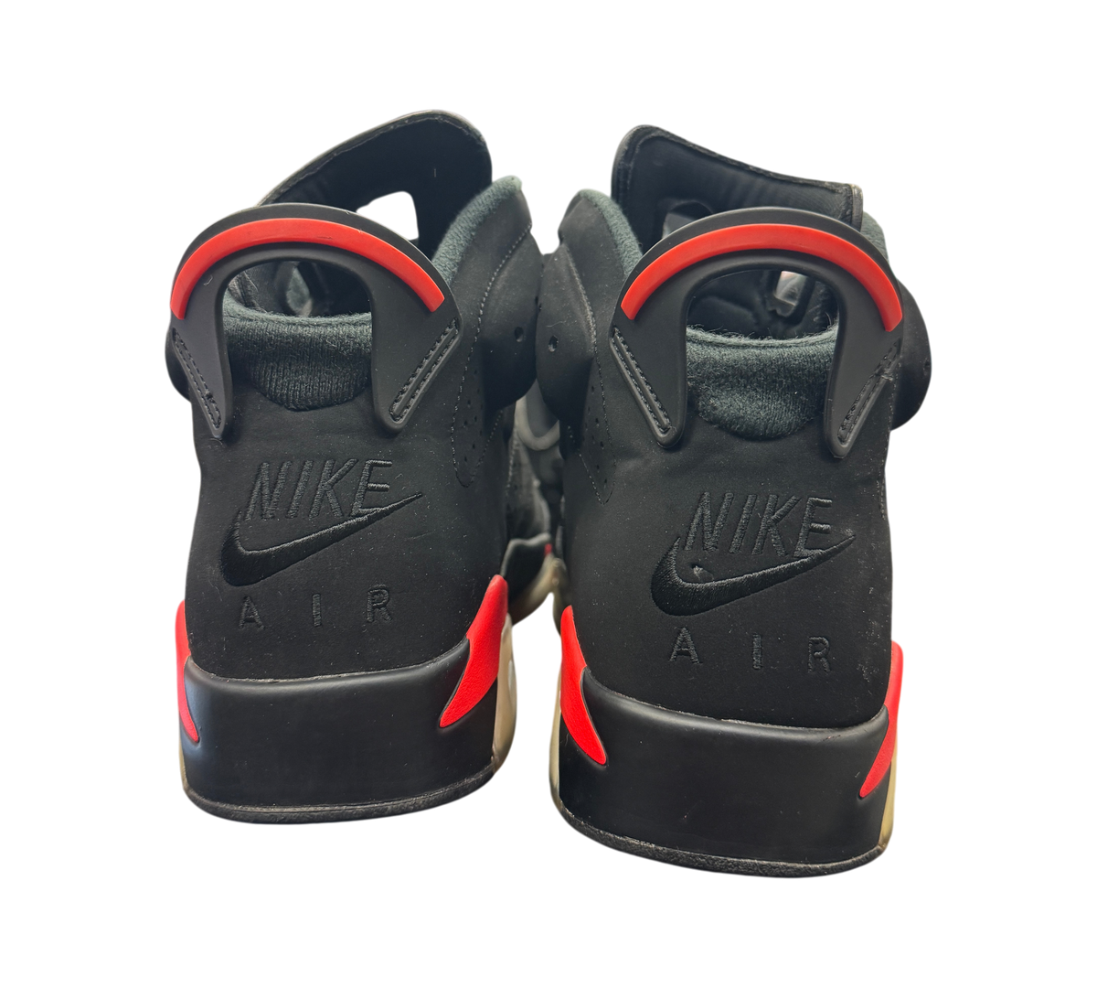 Genesis Boutique Jordan 6 Infrared 2018 sneakers showing black nubuck heels with red accents and Nike Air branding