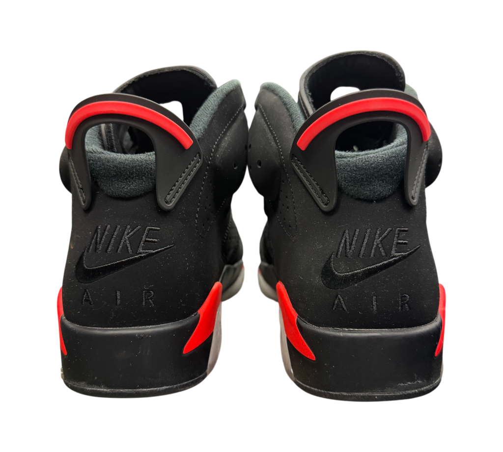 Genesis Boutique Jordan 6 Infrared 2018 sneakers showing the black nubuck heels with red accents and Nike Air branding