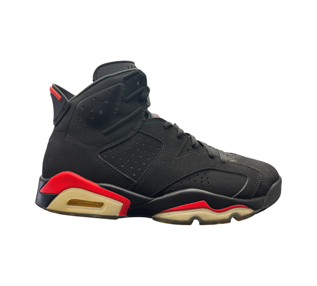 Genesis Boutique Jordan 6 Infrared 2018 sneakers in black nubuck with red accents and yellowed translucent soles