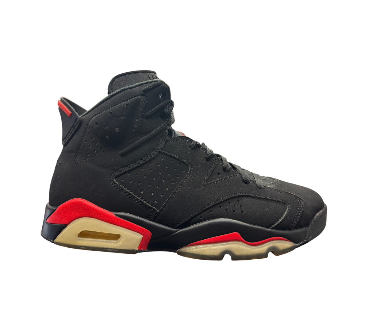 Genesis Boutique Jordan 6 Infrared 2018 sneakers in black nubuck with red accents and yellowed translucent soles