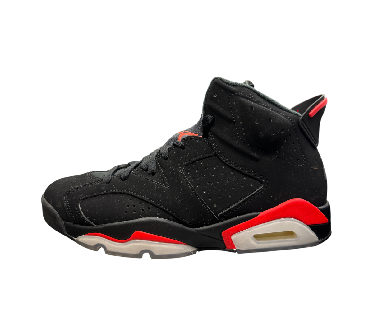 Genesis Boutique Jordan 6 Infrared 2018 sneakers in black nubuck with red accents and translucent sole details
