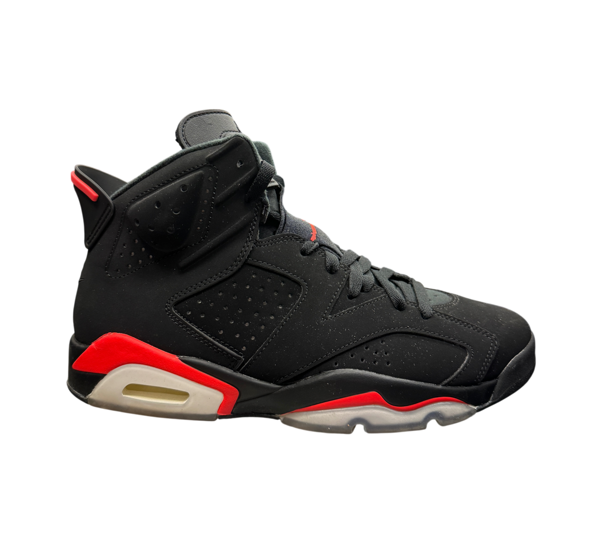 Genesis Boutique Jordan 6 Infrared 2018 sneakers in black nubuck with vibrant red accents and translucent soles
