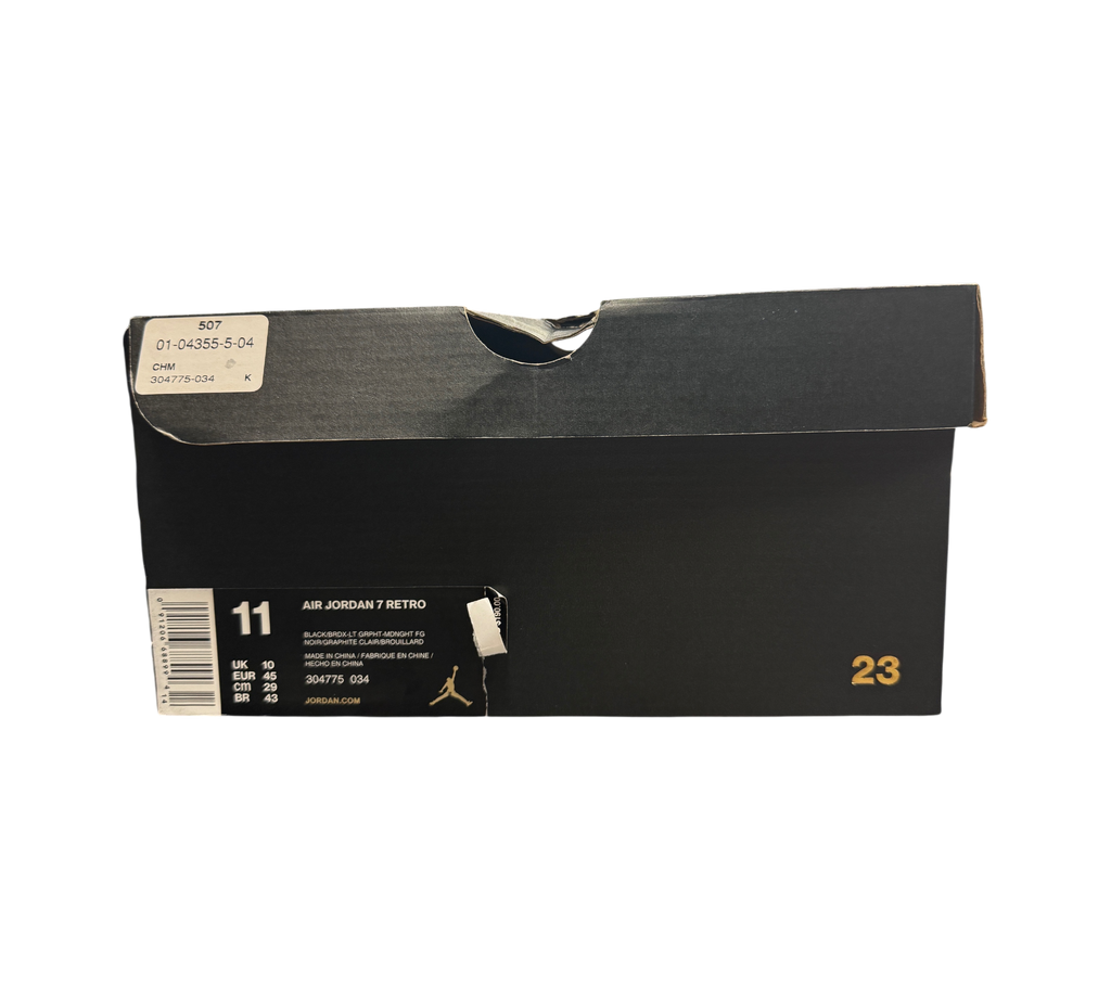Genesis Boutique Jordan 7 Bordeaux sneaker box with size 11 label and gold 23 branding