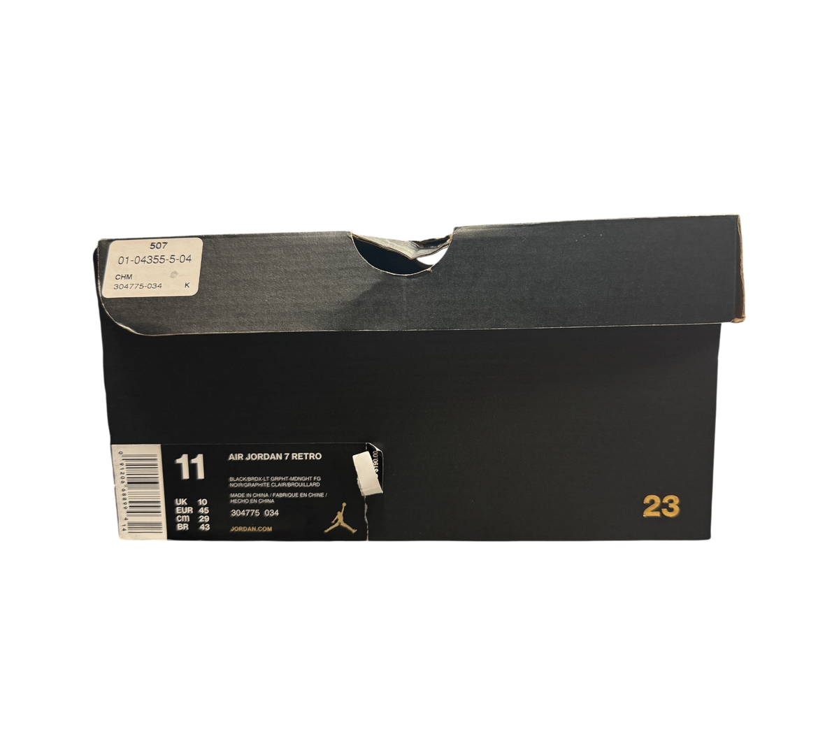 Genesis Boutique Jordan 7 Bordeaux sneaker box with size 11 label and gold 23 branding
